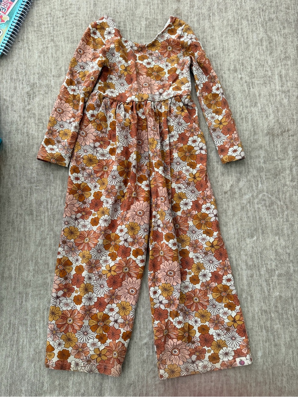 cheeky plum Girls Floral Long-Sleeve Pajama Jumpsuit in Rust, Pink & Mustard